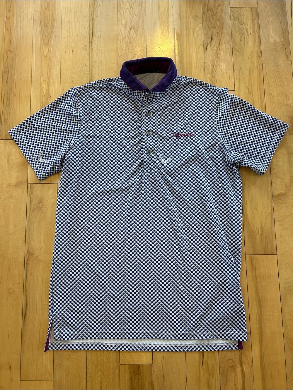 Greyson Men's Navy and White Geometric Polo with Purple Collar